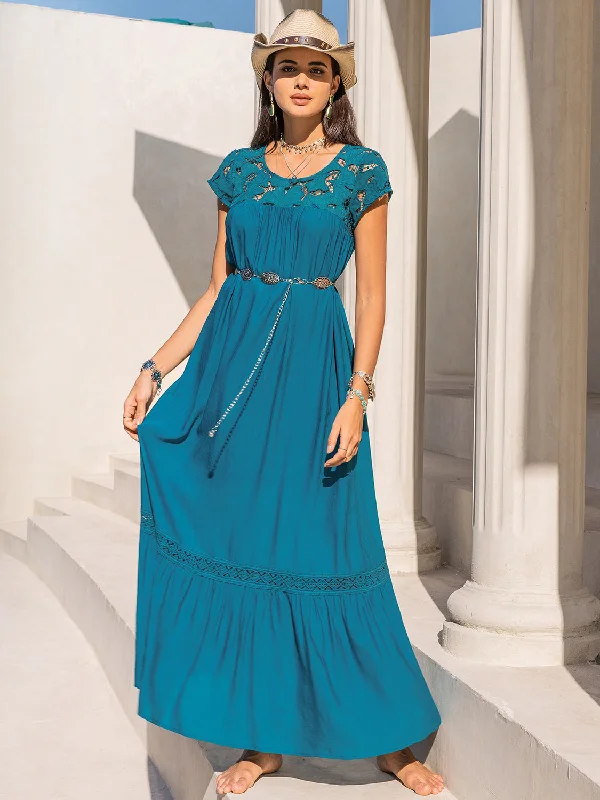 Round Neck Short Sleeve Maxi Dress Trendy V-Neck Maxi Dress