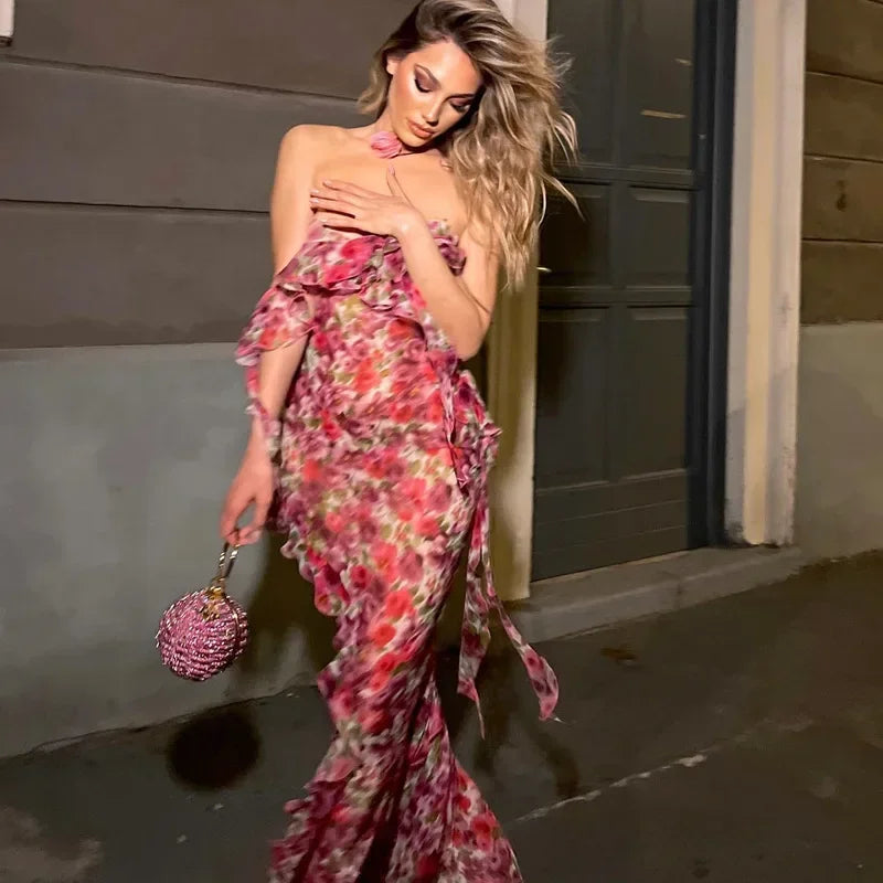 Ruffle Backless Floral Print See Through Grunge Summer Maxi Dress Fashionable High-Low Maxi Dress