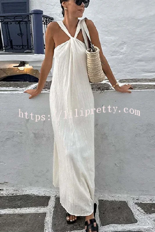 Lilipretty Sea angel Linen Blend Textured Fabric Halter Vacation Maxi Dress Comfortable Pleated Maxi Dress