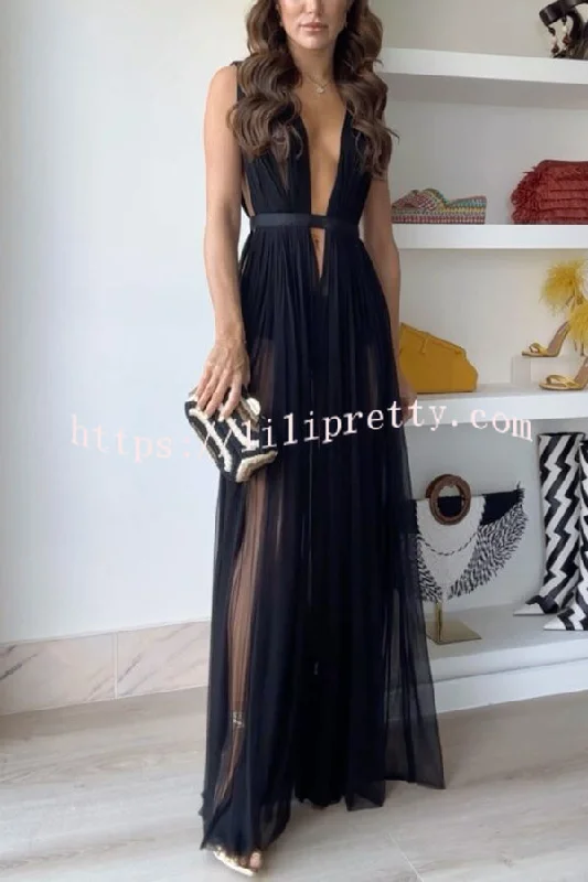 Sexy Muse Semi-sheer Tulle Fabric Fixed Back Tie-up Maxi Dress Fashionable High-Waist Maxi Dress