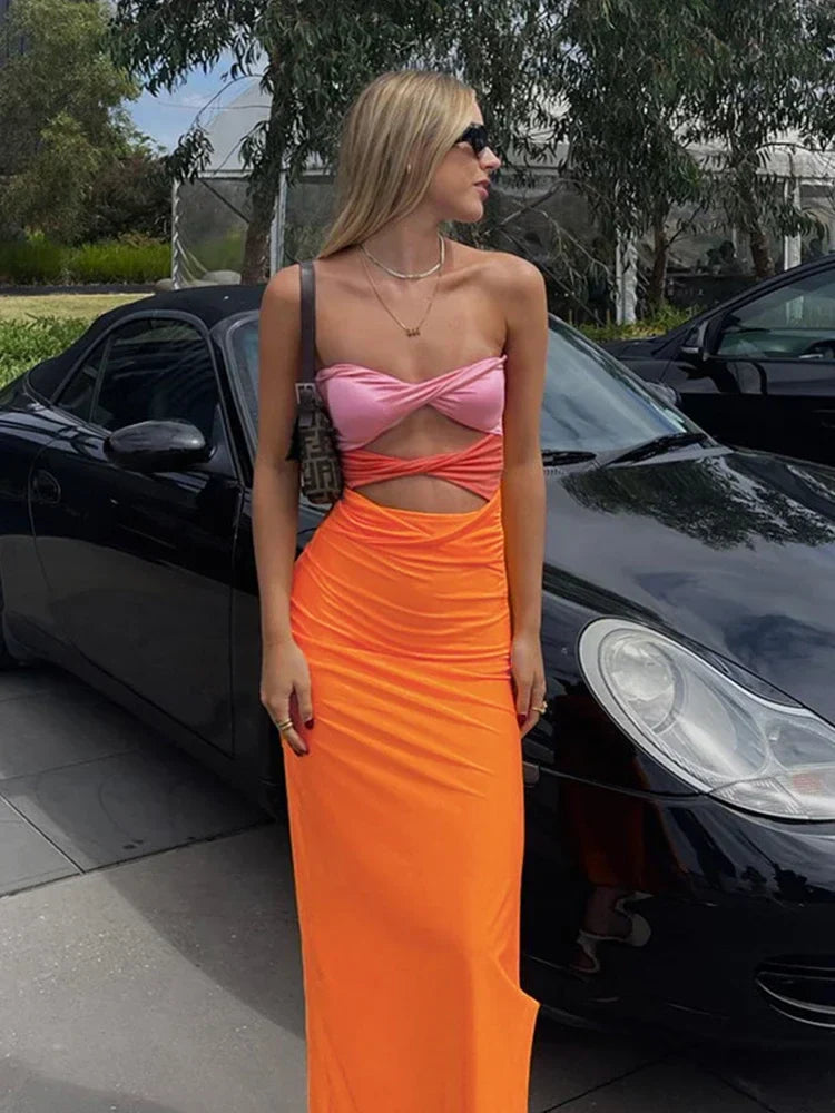 Sexy Off-shoulder Sleeveless Wrapped -ready Twist-cut Sensual Maxi Dress Trendy Satin Maxi Dress