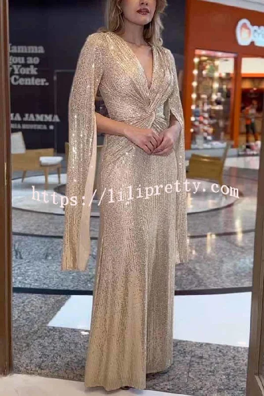 Lilipretty Shine Brighter Sequin Cape Sleeve Cross Waist Evening Maxi Dress Trendy V-Neck Maxi Dress