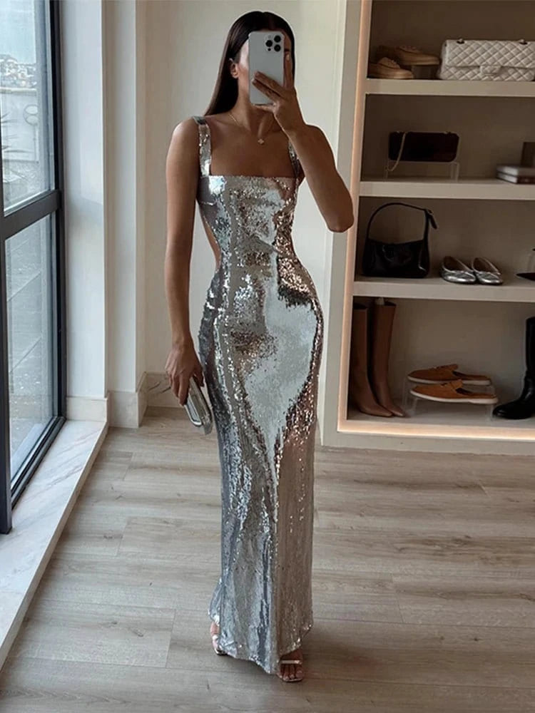 Silver maxi dress Elegant Tiered Maxi Dress