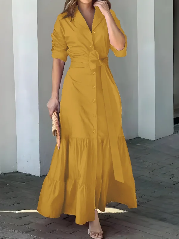 Solid Button Front Belted Dress, Elegant Ruched Sleeve Ruffle Trim Maxi Dress, Women's Clothing For Elegant Dressing Trendy Printed Maxi Dress