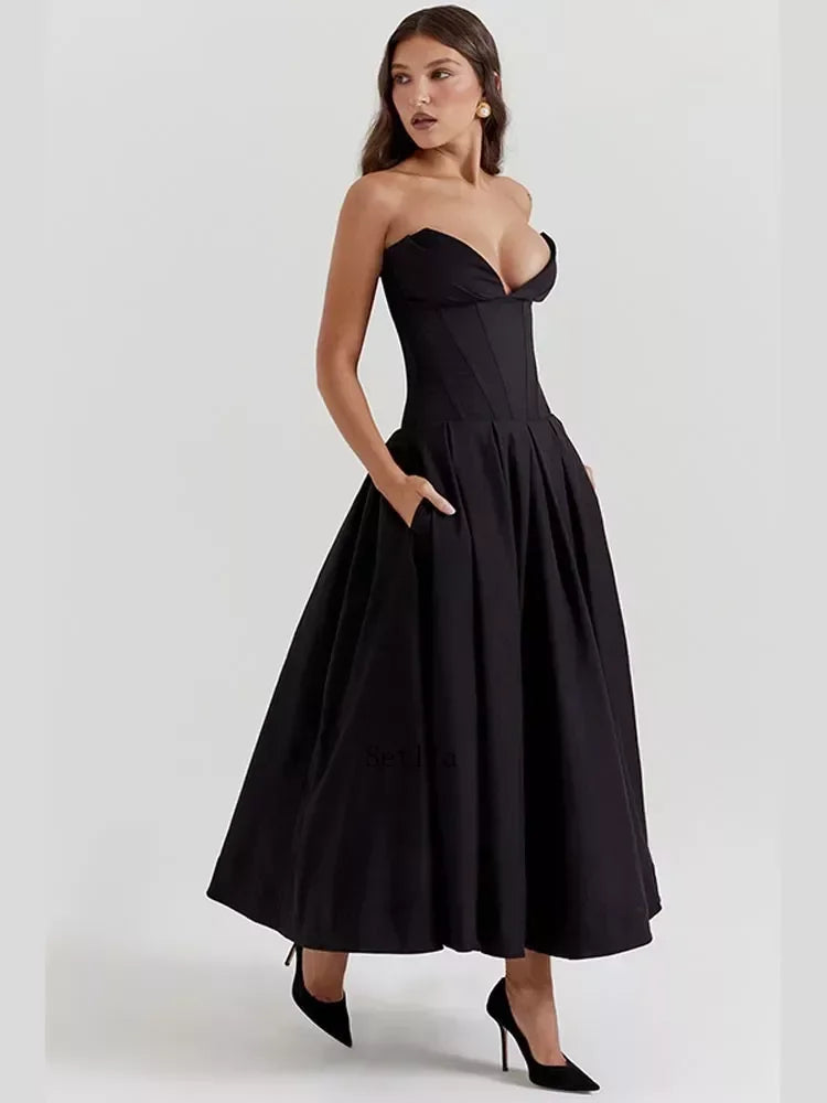 Solid Off-shoulder Chic Backless Strapless High-waisted Elegant Maxi Dress Stylish Boho Maxi Dress