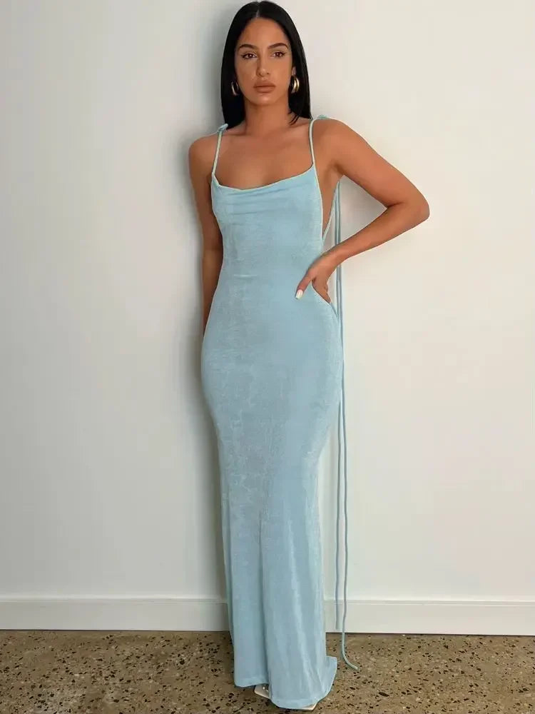 Spaghetti Strap Backless Bandage Maxi Dress Fashionable Halter Neck Maxi Dress