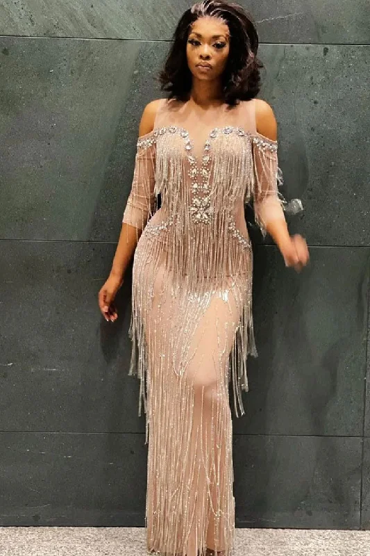 Sparkly Cold Shoulder Sheer Maxi Rhinestone Fringe Split Evening Maxi Dress - Silver Comfortable Maxi Dress with Sleeves