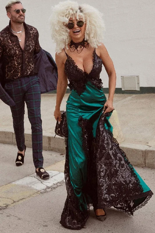 Sparkly Sequin Lace Trim Deep V Split Sleeveless Evening Maxi Dress - Emerald Green Elegant Maxi Dress with Drapes