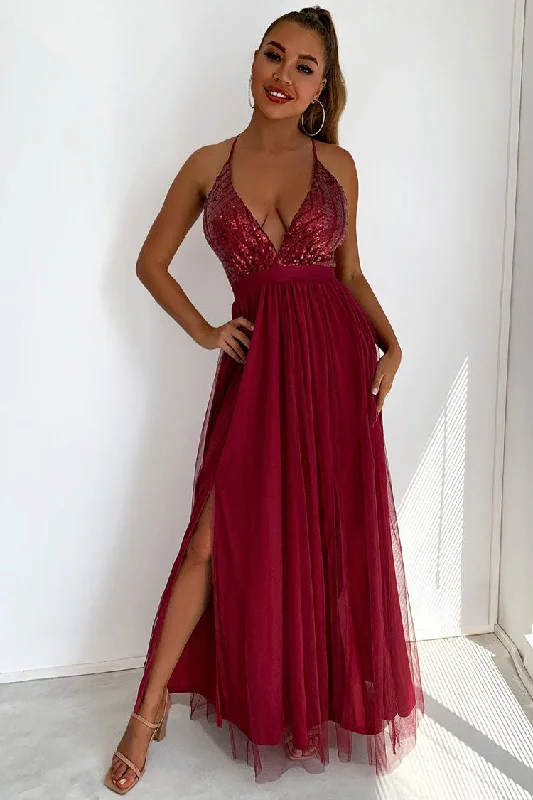 Sparkly Sequined Deep V High Split Backless Evening Maxi Dress - Burgundy Trendy Maxi Dress with Bow