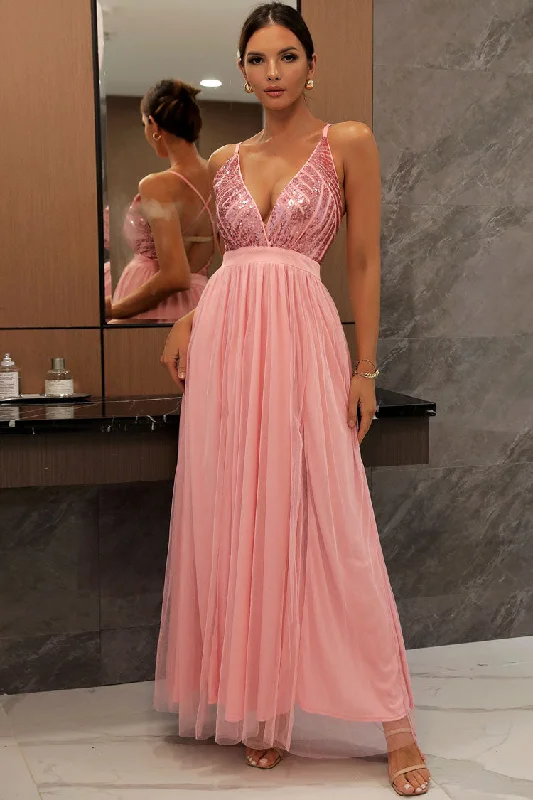 Sparkly Sequined Deep V High Split Backless Evening Maxi Dress - Pink Elegant Lace-Up Maxi Dress