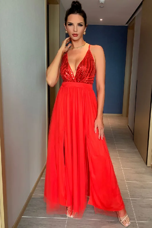 Sparkly Sequined Deep V High Split Backless Evening Maxi Dress - Red Stylish Maxi Dress with Pleats