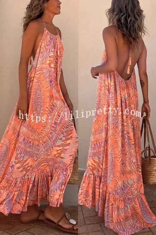 Lilipretty Sunita Ethnic Print A-line Halter Tassel Vacation Maxi Dress Cozy Knit Maxi Dress