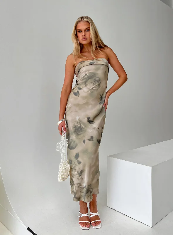 Voices Strapless Maxi Dress Cream Floral Fashionable Maxi Dress with Fringe