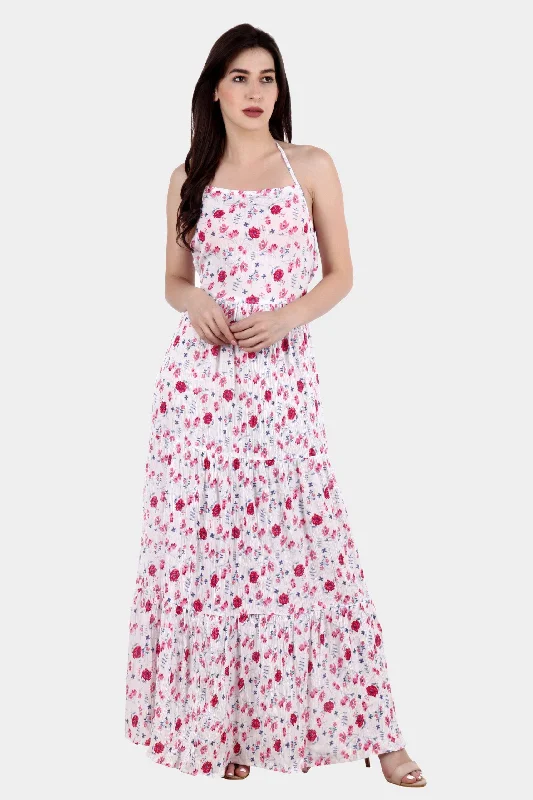 White Floral Printed Maxi Dress Fashionable High-Low Maxi Dress