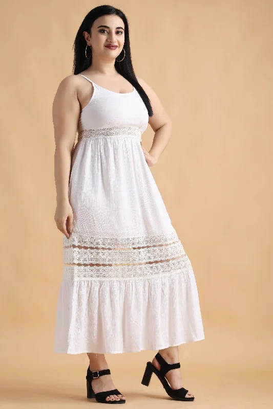 White Solid Lace Maxi Dress Elegant Floral Maxi Dress