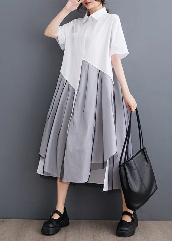 Women White Asymmetrical Tulle Patchwork Maxi Dress Short Sleeve Comfortable Satin Maxi Dress