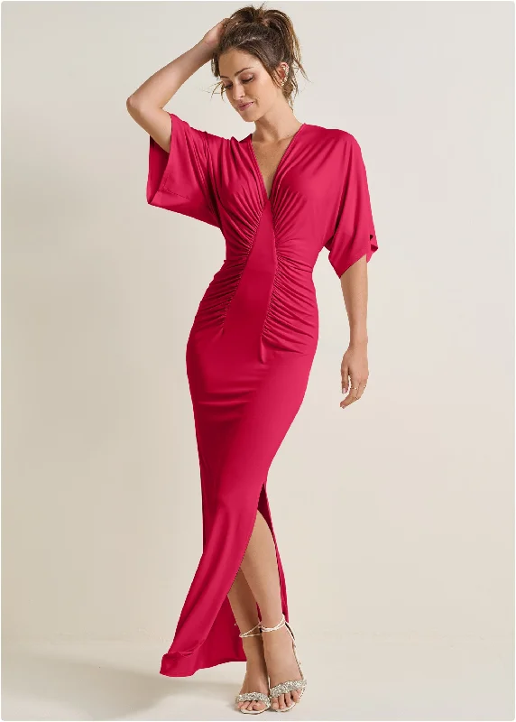 Drape Sleeve Maxi Dress - Barberry Stylish One-Shoulder Maxi Dress