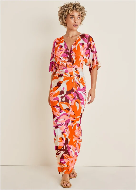 Drape Sleeve Maxi Dress - Desert Floral Trendy Printed Maxi Dress