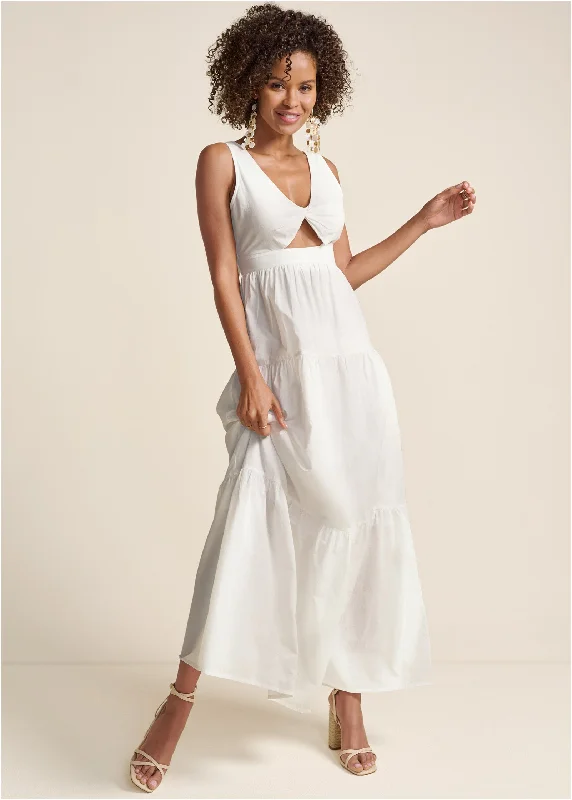 Twist Front Maxi Dress  - White Trendy Floral Print Maxi Dress