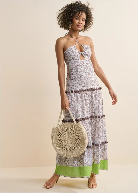 Tiered Tassel Maxi Dress - Brown & Green Elegant Tiered Maxi Dress