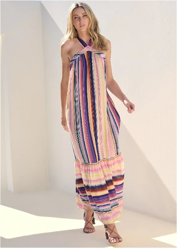 Striped Tiered Maxi Dress - Multi Comfortable Maxi Dress with Sleeves