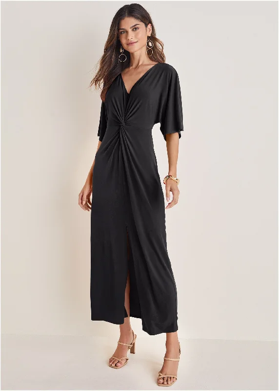 Twist Front Maxi Dress - Black Elegant Maxi Dress with Pockets