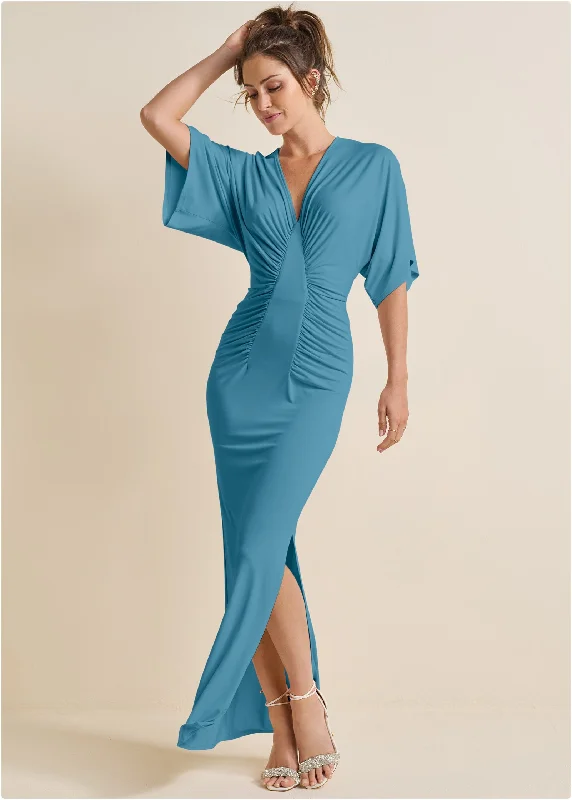 Drape Sleeve Maxi Dress - Blue Fashionable Faux Wrap Maxi Dress