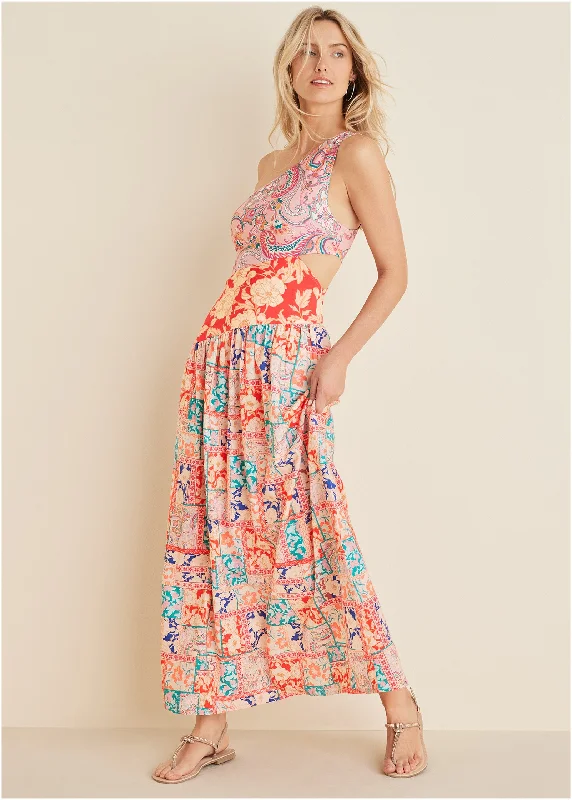 Linen Cutout Maxi Dress - Triple Venetian Print Cozy Ribbed Maxi Dress