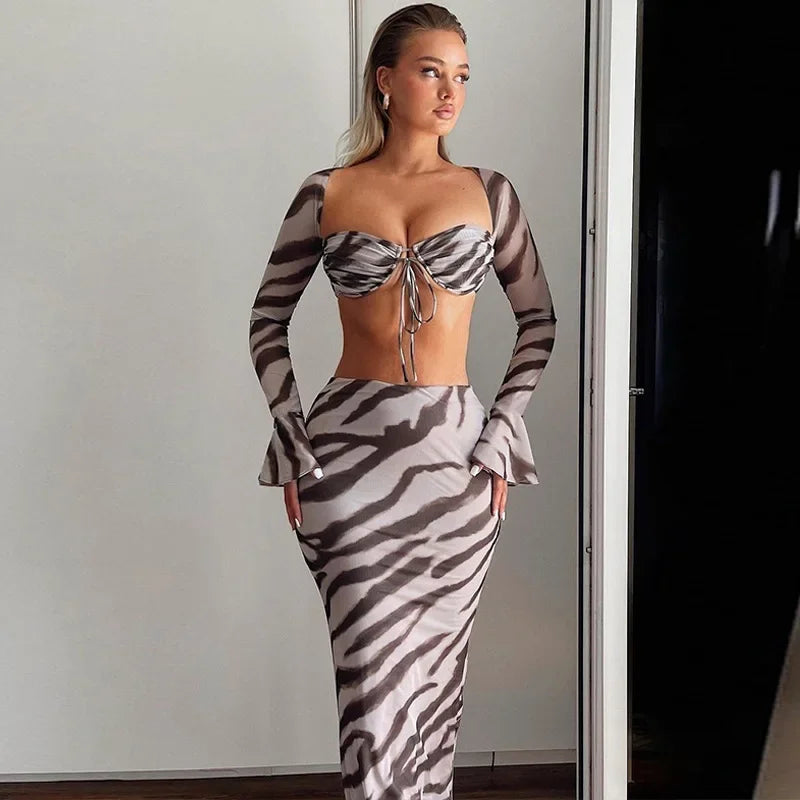 Zebra Print Y2K Skirt Two Piece Set Long Sleeve Backless Crop Top and Skirt Suit Maxi Dress Classic Solid Maxi Dress