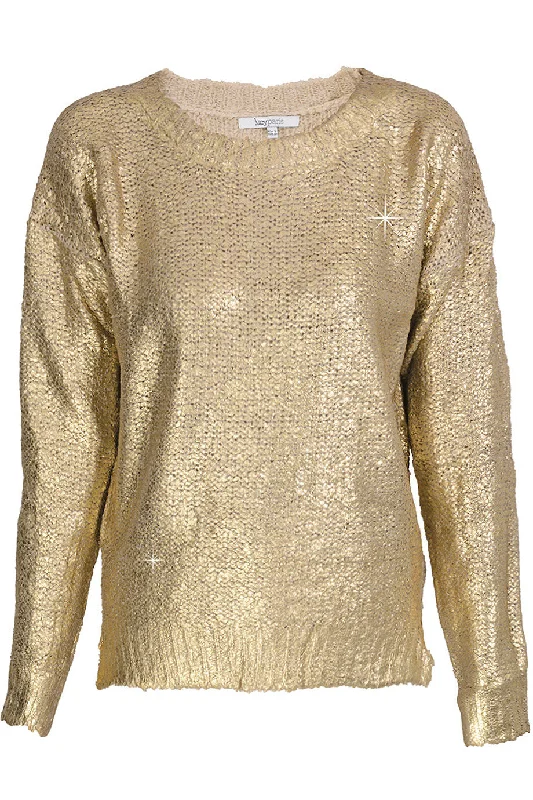 SIERA Metallic Gold Knitted Jumper Mesh Sweater Canvas Denim