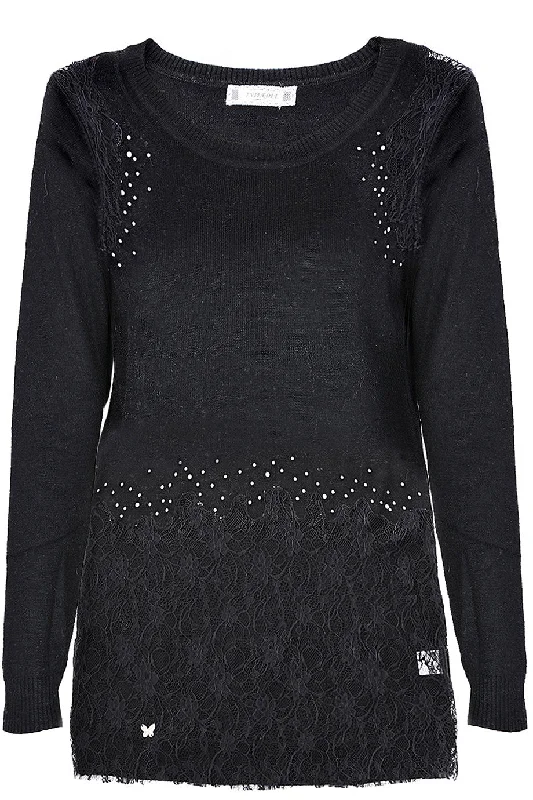 PHILLIPA Black Lace Crystal Jumper Hooded Sweater Collared Sweater Shawl Collar