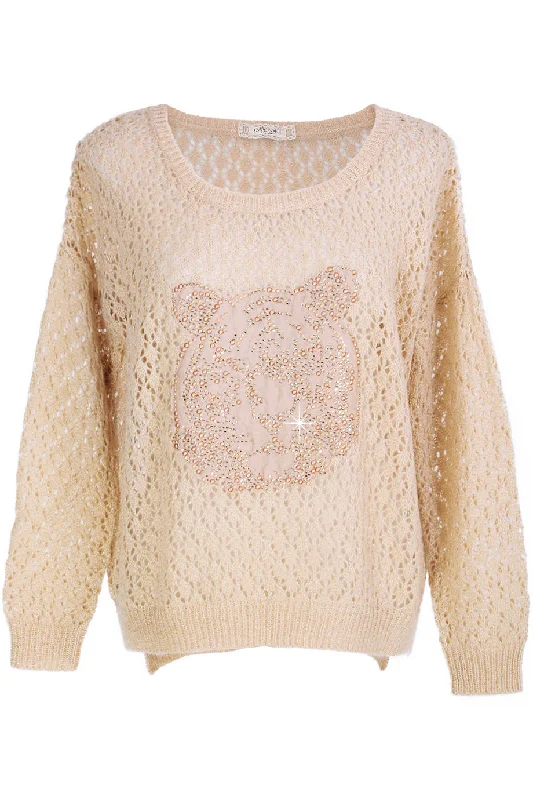 SWEET TIGER Beige Crystal Embellished Jumper Stylish Fashionable Trendy