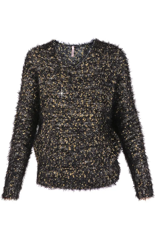 ROSEMARY Black Gold Fluffy Jumper Real Fur Shearling Chenille