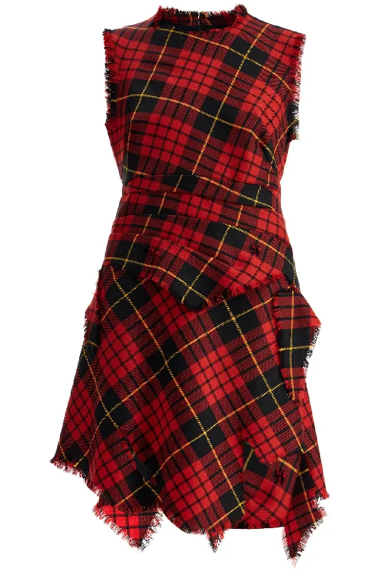 Distressed Wool Tartan Mini Dress  - Red Classic White Mini Dress