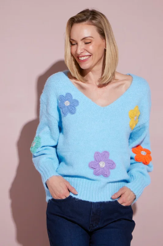 Appliqué Flower Knit Jumper - Blue Chenille Fabric Brocade Fabric Lace Fabric