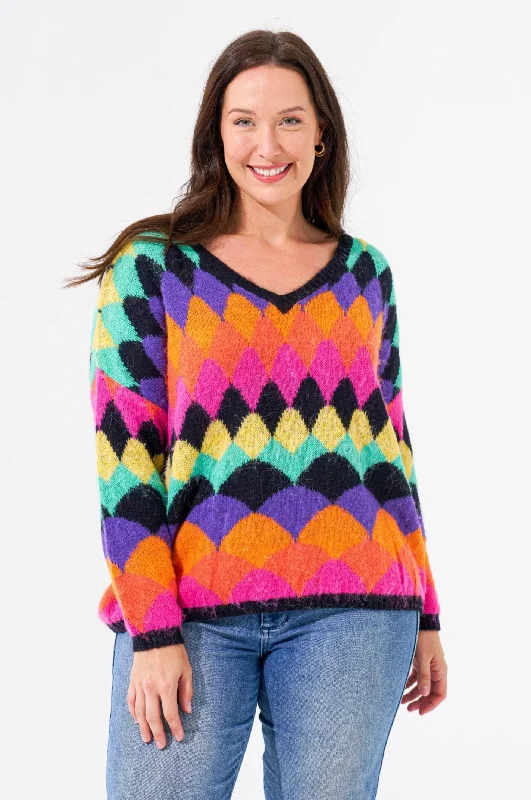 Argyle Knit Jumper - Black/Rainbow Fitted Loose Oversized