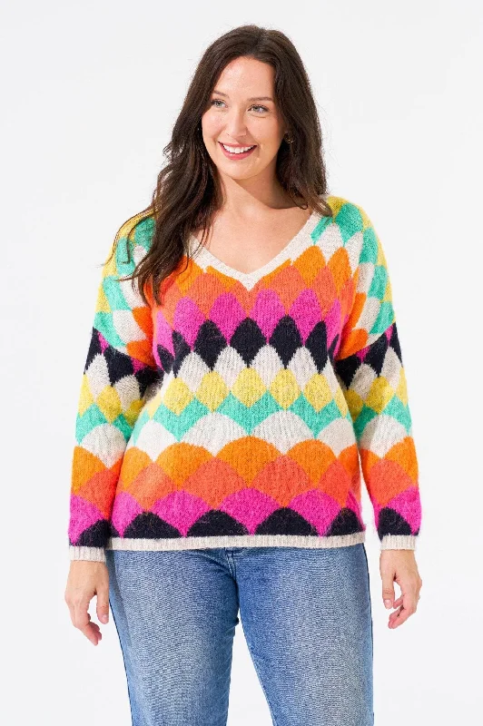 Argyle Knit Jumper - Cream/Rainbow Transparent Opaque Sheer