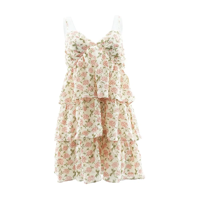 Beige Floral Mini Dress Fashionable Mini Dress with Frills