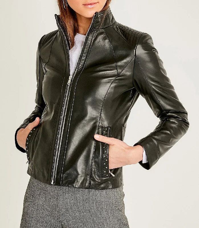 Black Grace Leather Jacket For Women A-Line Jacket Boat Neck Shawl Collar