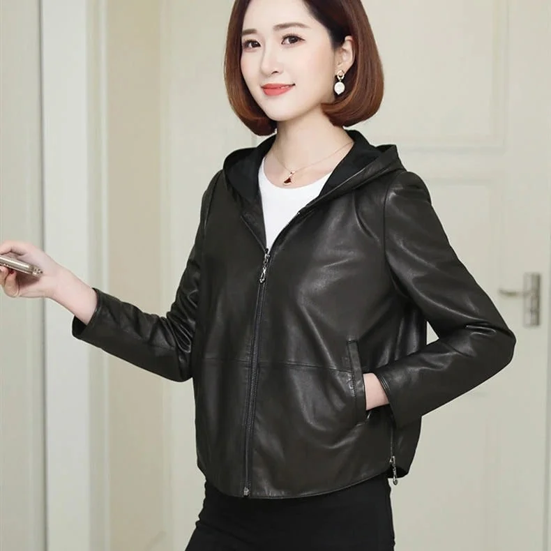 Womens Black Hooded Leather Jacket One-Shoulder Jacket Off-the-Shoulder Jacket Asymmetrical Jacket