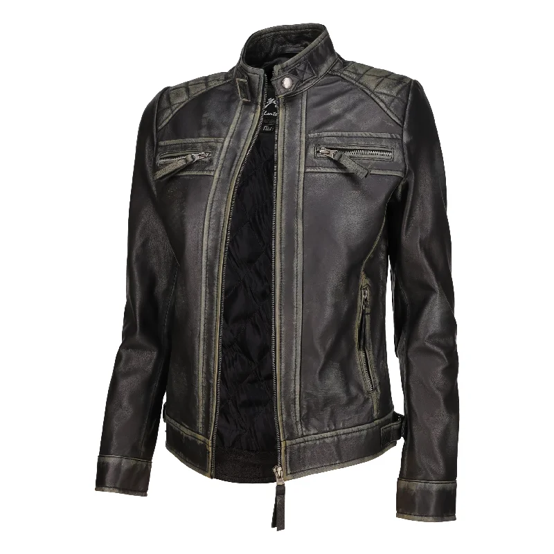 Café Racer Leather Jacket Women - Zip Up Moto Biker Style Casual Fashion Real Lambskin Women's Leather Jacket Trench Coat Raincoat Waterproof Jacket