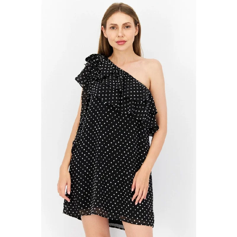 CECE Women's Clip Dot Mini Dress Large Black White Ruffle One Shoulder Lined NWT Casual Mini Dress with Pockets