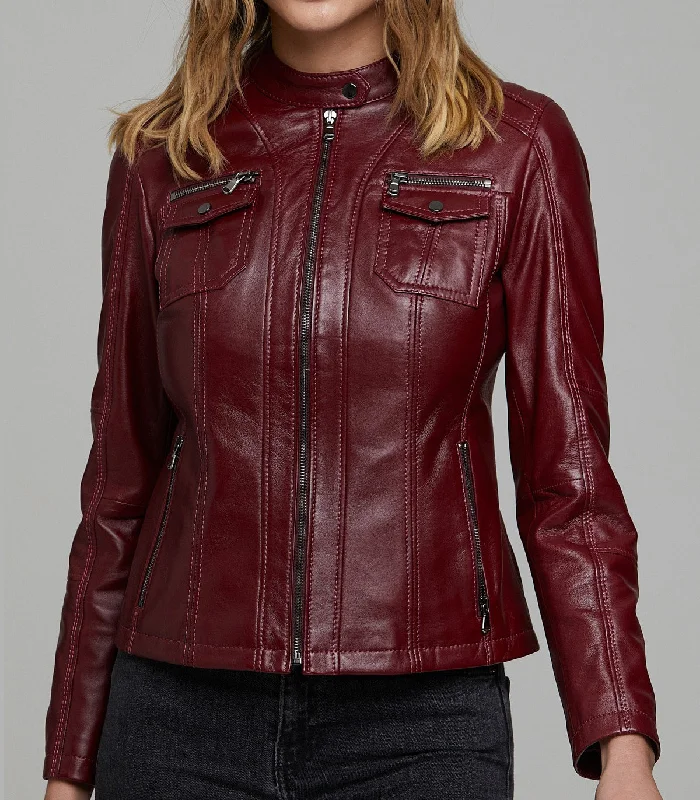 Claret Red Celia Women Leather Jacket Jacket Blazer Coat