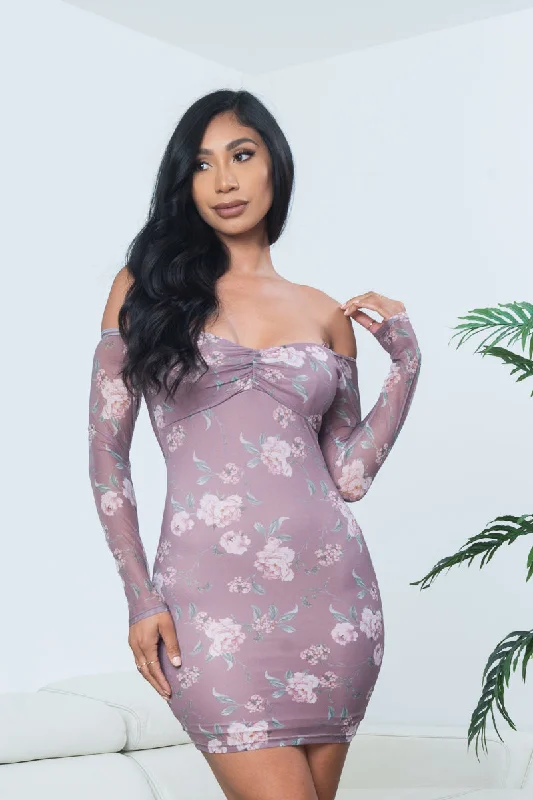 Floral Print Long Sleeve Off Shoulder Ruched Bust Bodycon Mini Dress in Mauve (CD54542) Chic Tropical Mini Dress