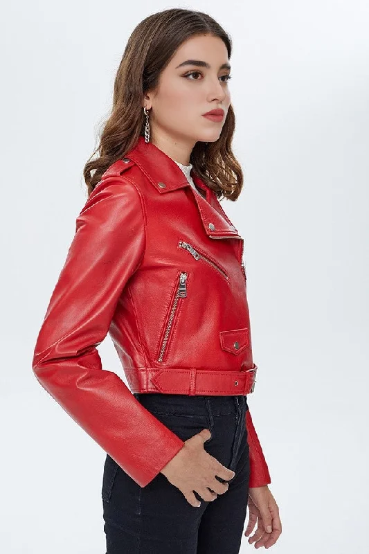 Dahlia Red Brando Women Biker Jacket Front Pockets Side Pockets Patch Pockets