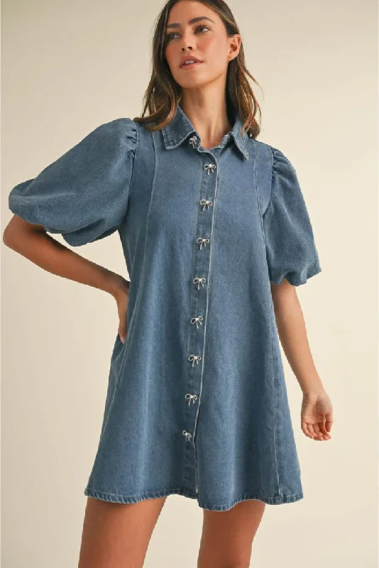 Dana Marie Denim Puff Sleeve Collared Mini Dress Cozy Knitted Mini Dress