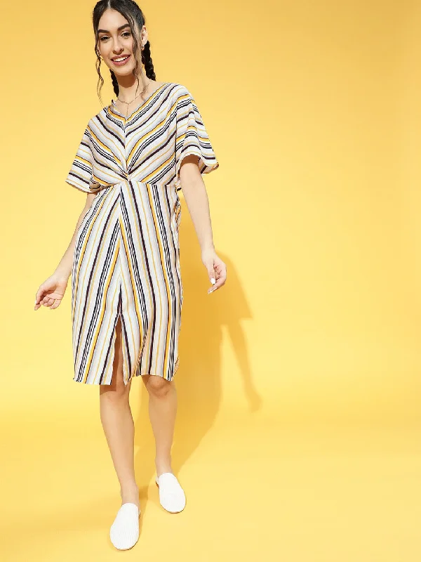 Berrylush Women Yellow & Off-White Stripe Printed V-Neck Front Slit Pleated A-Line Mini Dress Comfortable Shift Mini Dress