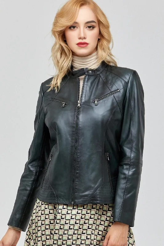 Eleanor Cafe Racer Black Leather Jacket For Women Cardigan Sweater Pullover