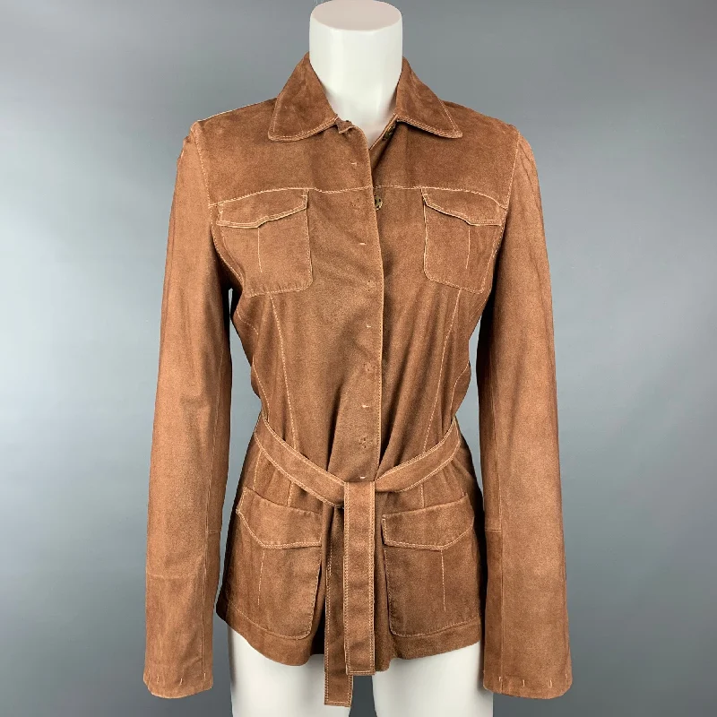 ELIE TAHARI Size S Tan Contrast Stitching Suede Belted Jacket Cotton Jacket Linen Jacket Terry Jacket