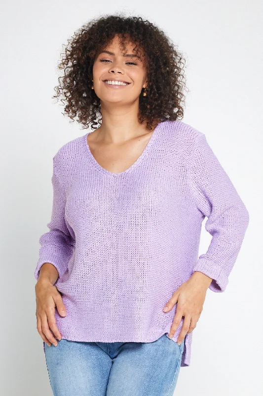 Emmy Cotton Knit Jumper - Lilac Zippered Front Buttoned Front Snap Front